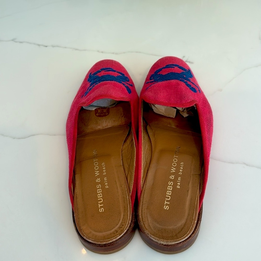 Stubbs & Wootton pink Slipper mules with blue needlepoint Crab Motif Size 9 - Picture 3 of 9